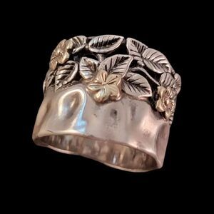 Sterling 14K Gold Paz Israel Artisan Flower Hammered Wide Ring